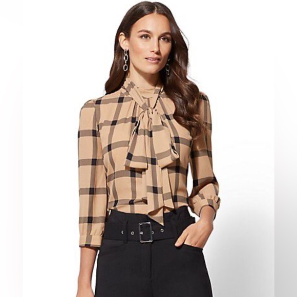 New York & Company Tops - Vintage New York Co. Gold and Black Silk Bow Neck Blouse Sz M